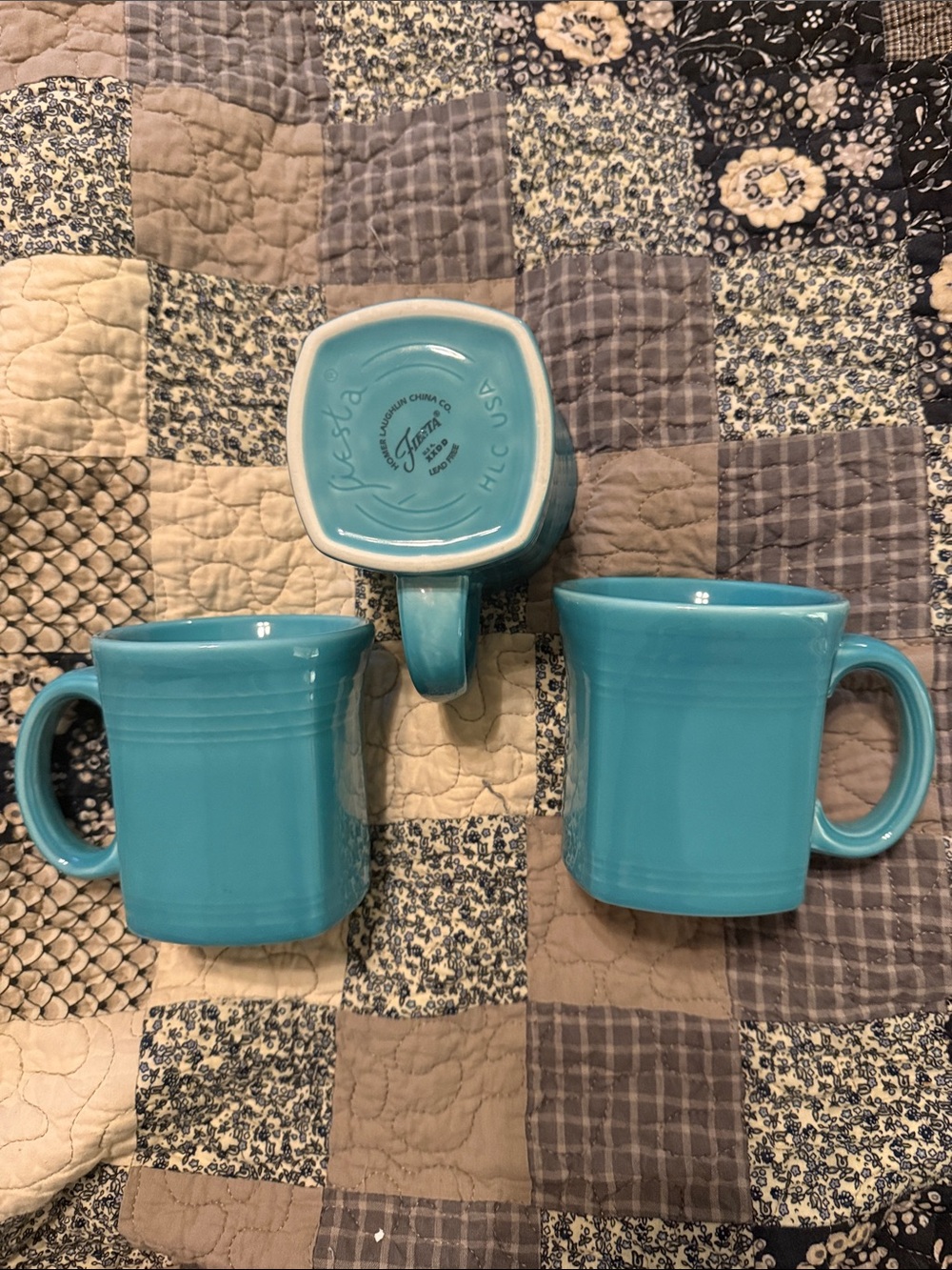 Homer Laughlin Fiesta Turquoise Ceramic Coffee Square Mugs Set of Three Like New